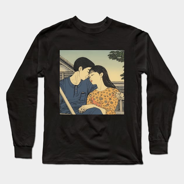 Pretty Asian Couple Hugging and Kissing on the Bench Long Sleeve T-Shirt by KOTYA